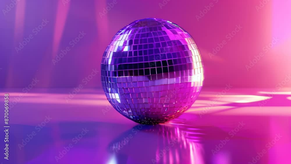 Shiny, reflective disco ball against pink and purple background Shiny, reflective disco ball against pink and purple background