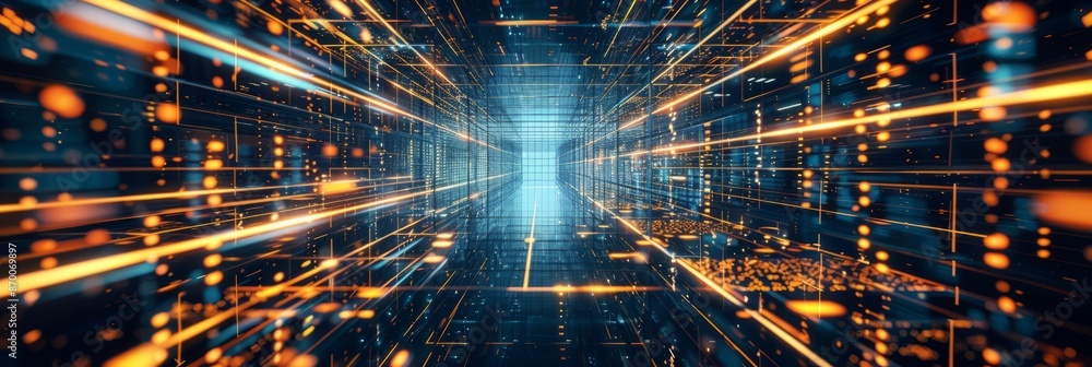 Obraz premium Abstract futuristic technology abstract background with lines for network, big data, data center, server, internet, speed. Dark blue and gold neon lights into digital technology tunnel.