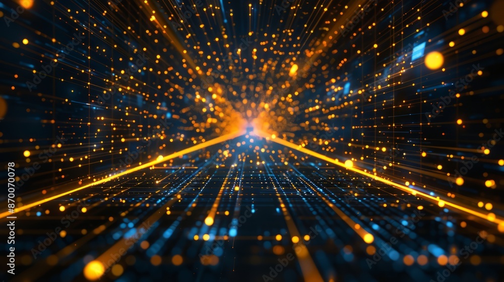 Abstract futuristic technology abstract background with lines for network, big data, data center, server, internet, speed. Dark blue and gold neon lights into digital technology tunnel. Abstract futuristic technology abstract background with lines for network, big data, data center, server, internet, speed. Dark blue and gold neon lights into digital technology tunnel.