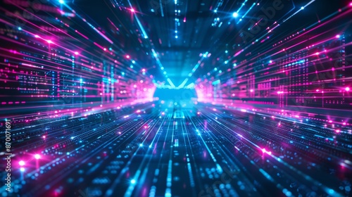 Abstract futuristic technology abstract background with lines for network, big data, data center, server, internet, speed. dark blue and pink neon lights into digital technology tunnel