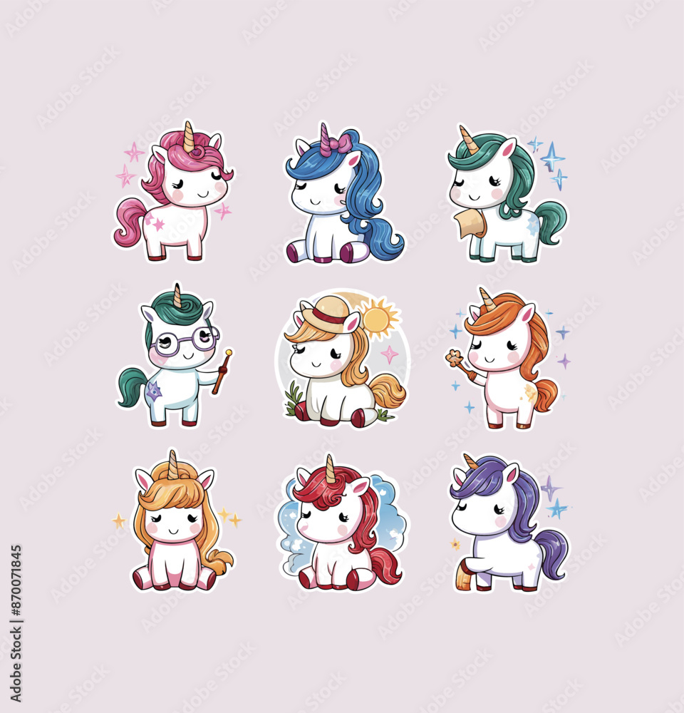Fototapeta premium Cute unicorns printable stickers clipart vector illustration set