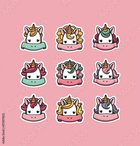 Cute unicorns printable stickers clipart vector illustration set