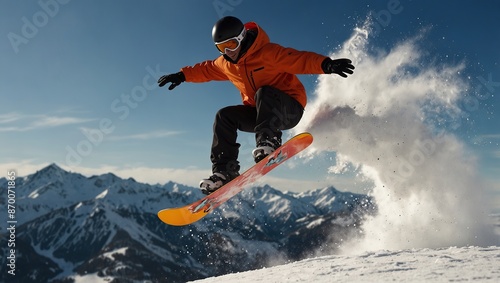 A snowboarder is jumping in mid-air above a snowy mountain landscape.

 photo