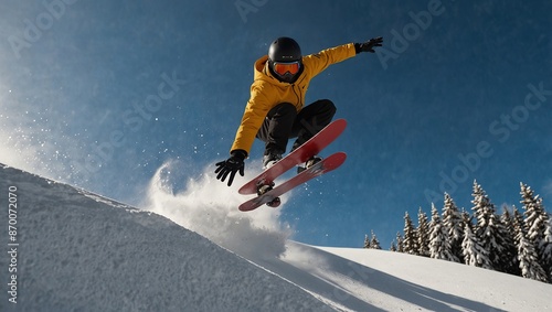 A person is snowboarding down a snow-covered mountain