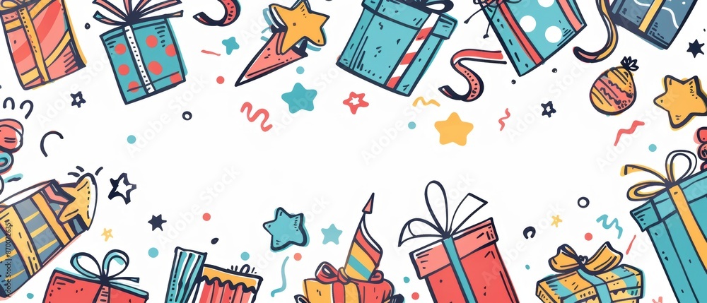 Blank birthday card featuring a doodle of birthday presents and party elements, playful design, space for message Blank birthday card featuring a doodle of birthday presents and party elements, playful design, space for message