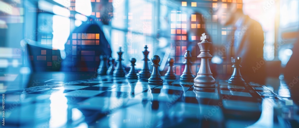 Business meeting with a chessboard superimposed on the table, double exposure, corporate strategy Business meeting with a chessboard superimposed on the table, double exposure, corporate strategy