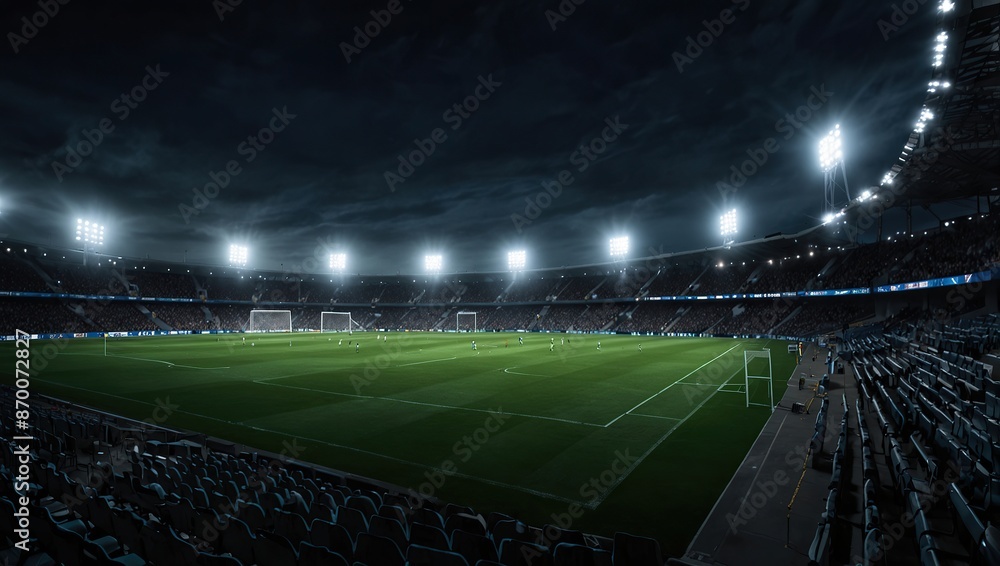 A night time football stadium with the floodlights on.
A night time football stadium with the floodlights on.