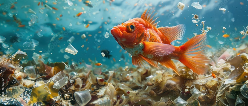 Fish surrounded by plastic microbeads, underwater pollution, environmental threat Fish surrounded by plastic microbeads, underwater pollution, environmental threat