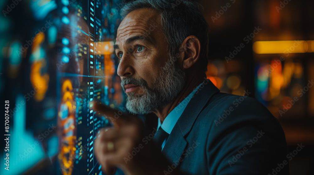 A professional businessman in a suit, pointing at a big screen with financial graphs on it while standing against a glass wall in a dark office space at night. A professional businessman in a suit, pointing at a big screen with financial graphs on it while standing against a glass wall in a dark office space at night.
