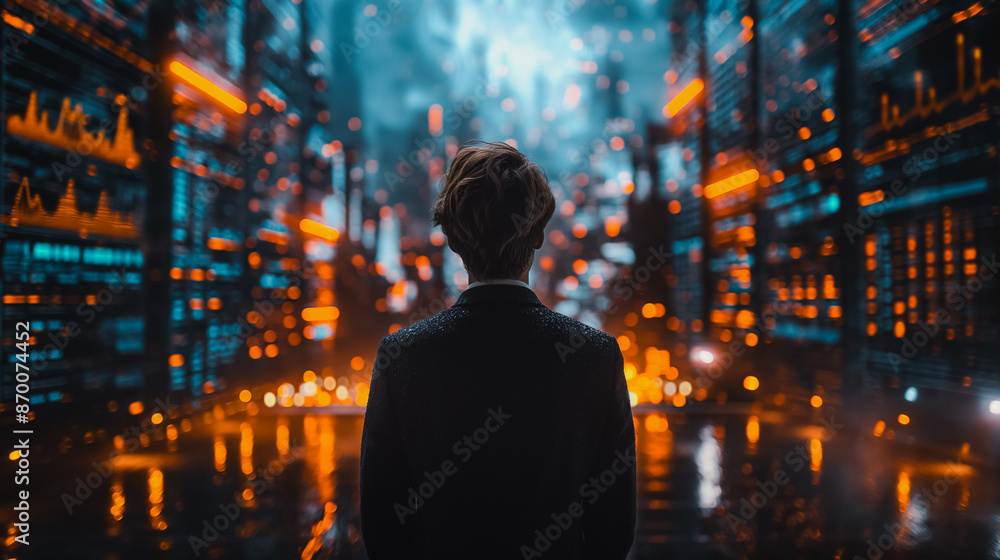 Businessman to view real-time data on a screen while standing in front of a digital wall with graphs and charts in a office Businessman to view real-time data on a screen while standing in front of a digital wall with graphs and charts in a office