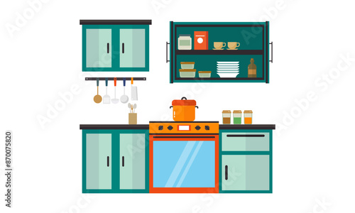 Home kitchenware, food and devices in color vector flat illustration
