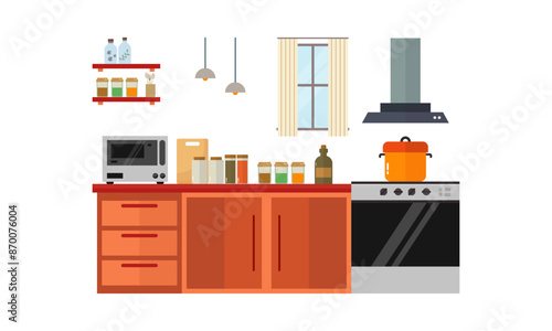 Home kitchenware, food and devices in color vector flat illustration