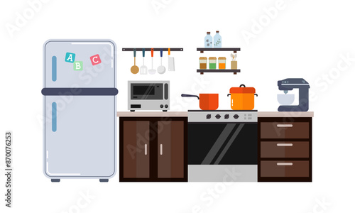 Home kitchenware, food and devices in color vector flat illustration