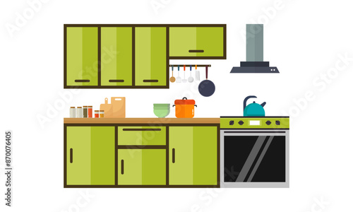 Home kitchenware, food and devices in color vector flat illustration