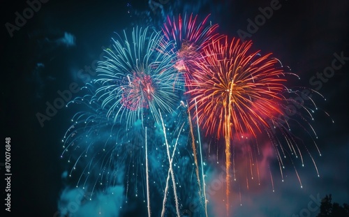 Nighttime Fireworks Display Over Water With City Skyline In Background