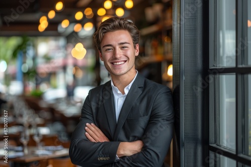 Smiling Man In Blue Suit At Restaurant