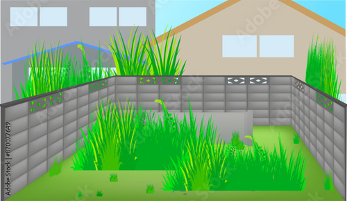 雑草が生い茂る放置された空き地と土管の背景・風景