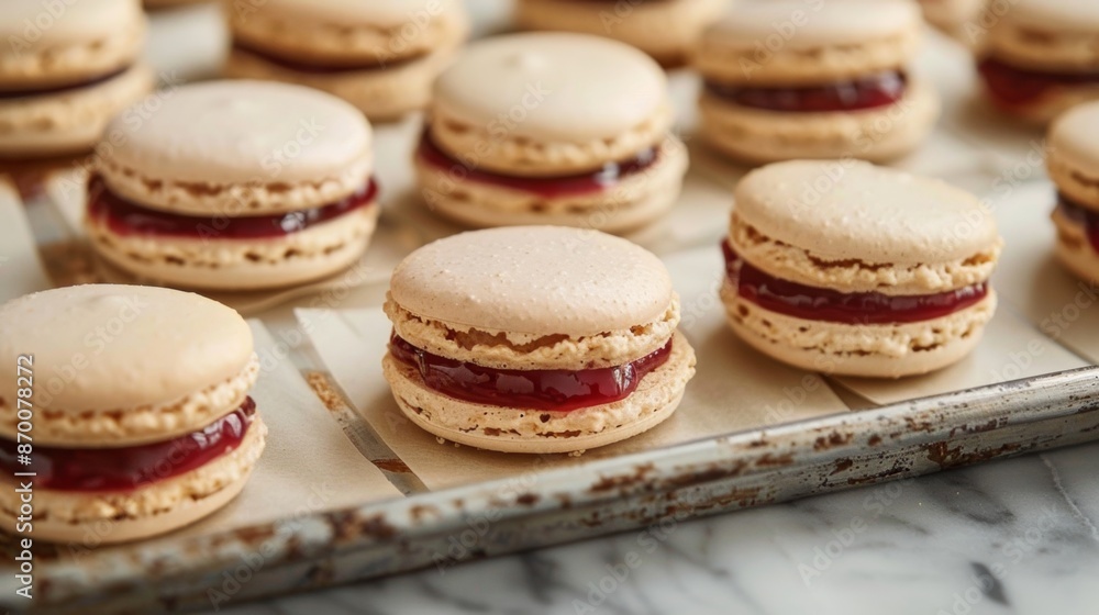 Fototapeta premium A tray of delicate buckwheat macarons sandwiched together with a fruity jam filling.