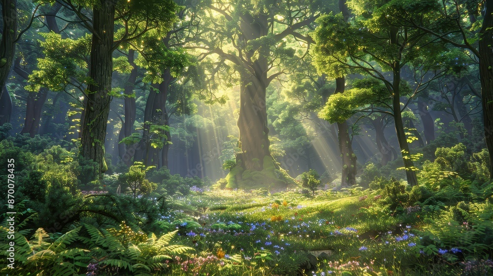 Obraz premium A serene forest with tall, ancient trees, sunlight filtering through the canopy, and a carpet of ferns and wildflowers, illustration background