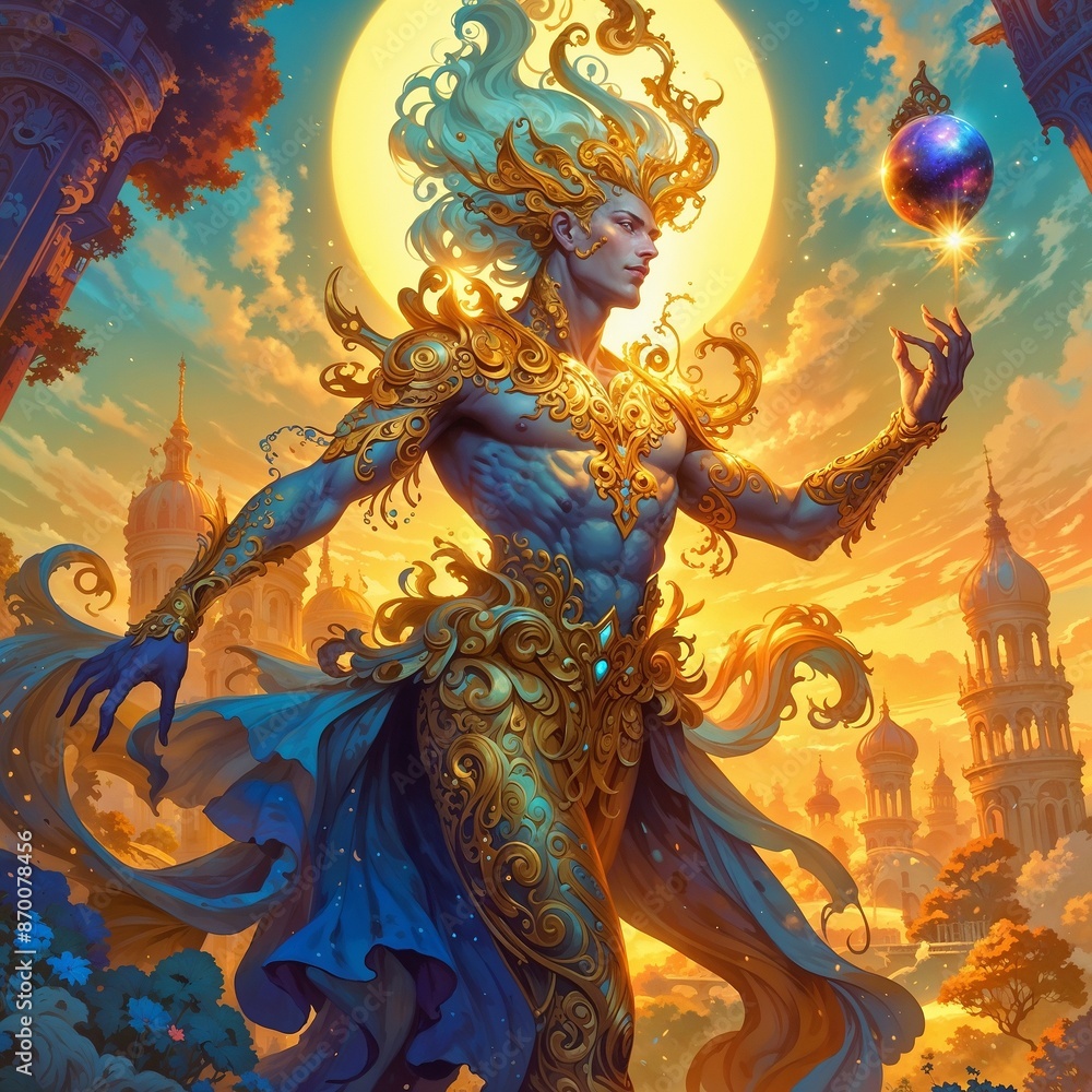 In the golden hour light, a phosphorescent rococo-inspired cosmic cannibal stands tall, exuding an otherworldly glow. The mythical being features intricate patterns of swirling colors. In the golden hour light, a phosphorescent rococo-inspired cosmic cannibal stands tall, exuding an otherworldly glow. The mythical being features intricate patterns of swirling colors.