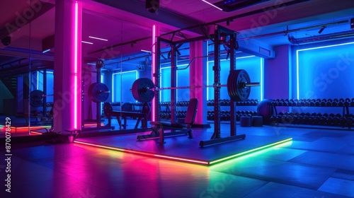 Neon-Lit Strength Training: Professional Gym with Squat Rack, Barbell, & Colorful Lights for Energetic Workouts