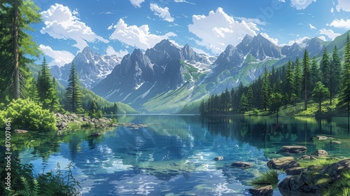 A crystal-clear alpine lake surrounded by pine trees and rugged mountains, with a reflection of the sky on the water, illustration background
