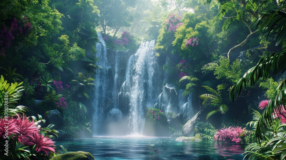 Fototapeta premium A misty waterfall cascading into a lush jungle, with exotic plants and flowers, illustration background