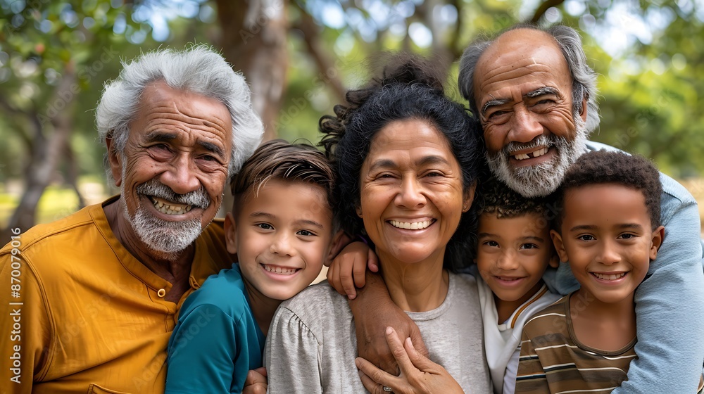 Generations of Smiles: Happy Multigenerational Family Portrait in Park Capturing Unique Characteristics Generations of Smiles: Happy Multigenerational Family Portrait in Park Capturing Unique Characteristics