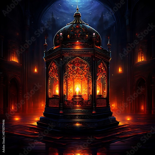 Ornate Ramadan Lantern with intricate designs and glowing light source. Concept for Islamic holidays, Ramadan Kareem, Eid Mubarak, or religious celebration © Iman00
