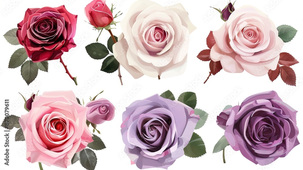 Naklejka premium Collection set of red, pink, cream, lavender, and violet rose flowers viewed from the top, isolated on a transparent background, in PNG file format. Perfect for mockup templates in artwork and graphic