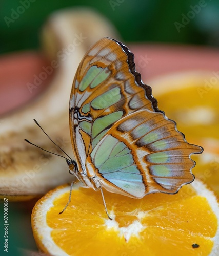 Close-up of a colorful butterfly resting on a sliced orange. Siproeta stelenes photo