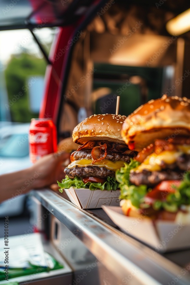 Φωτογραφία AI generated illustration of delicious cheeseburgers served from a food truck on