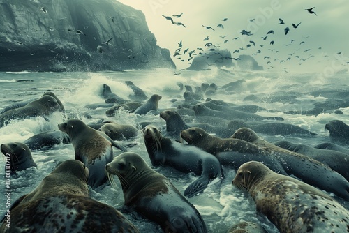 AI generated illustration of a large group of sea lions in the ocean with birds flying overhead