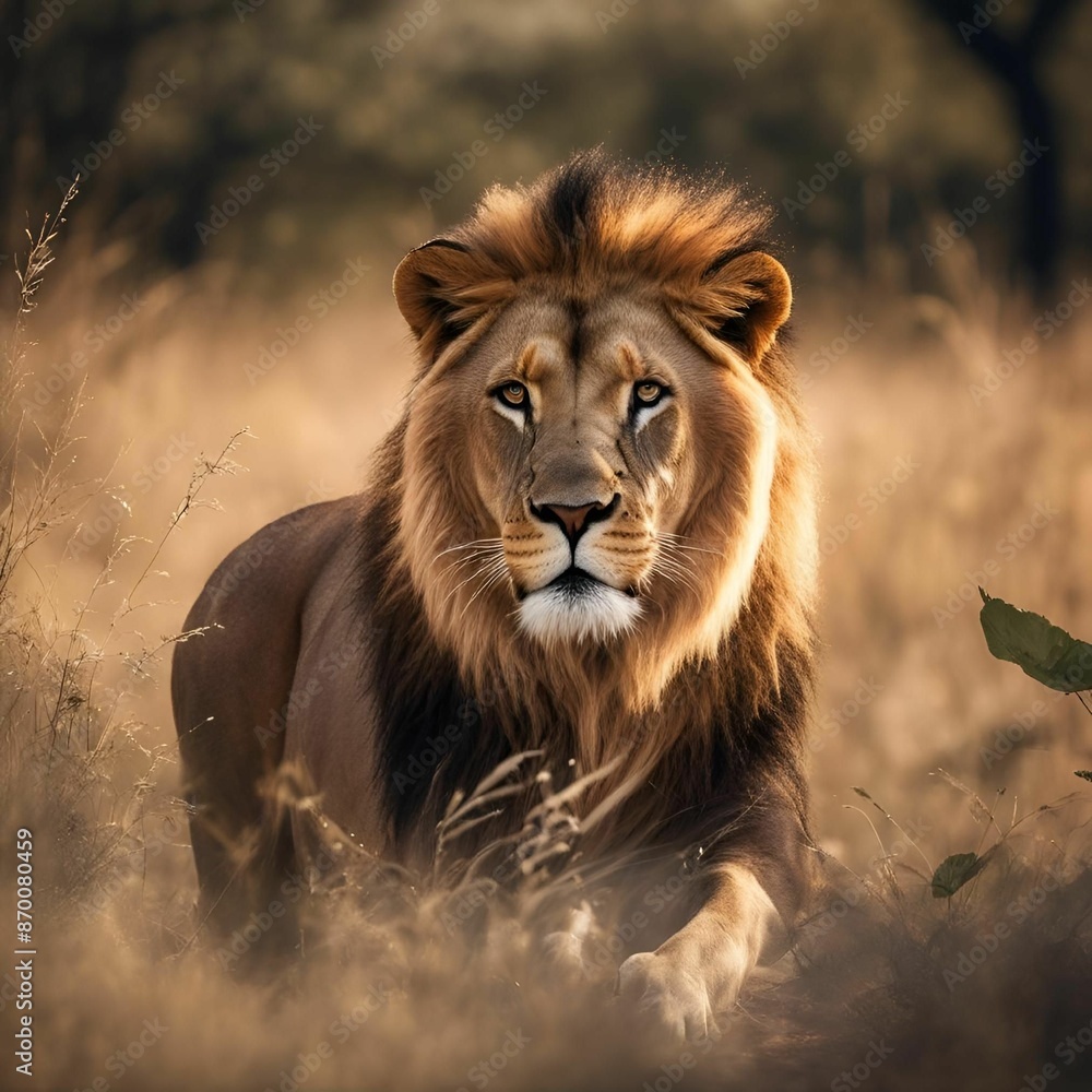 AI illustration of a majestic lion walking through the tall grass in the African savannah AI illustration of a majestic lion walking through the tall grass in the African savannah