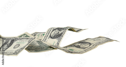 Obraz na płótnie Angle view of crumpled scatterred US dollars paper money cash isolated cutout on