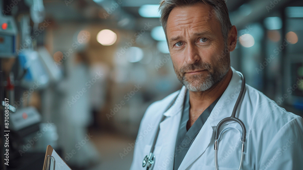 Male Doctor Holding Clipboard in Modern Hospital Room Male Doctor Holding Clipboard in Modern Hospital Room