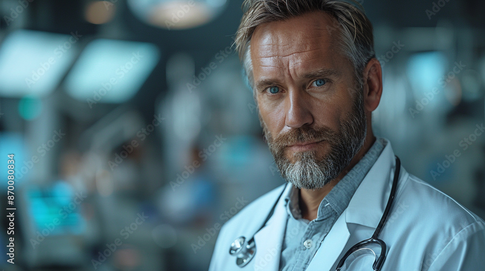 Male Doctor Holding Clipboard in Modern Hospital Room Male Doctor Holding Clipboard in Modern Hospital Room