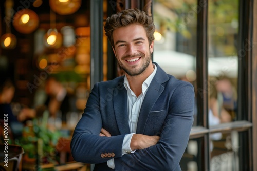Confident Young Man Standing Outside a Coffee Shop