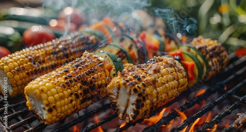 Grilled Corn on the Cob With Herbs and Zucchini on a Charcoal Grill