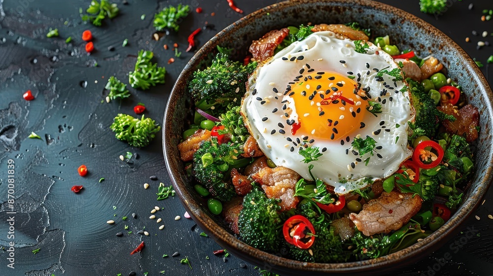 Asian-inspired dish of stir-fried broccoli, crispy pork, and vegetables in oyster sauce, bird's eye chilli, and a fried egg on top, illustration background Asian-inspired dish of stir-fried broccoli, crispy pork, and vegetables in oyster sauce, bird's eye chilli, and a fried egg on top, illustration background