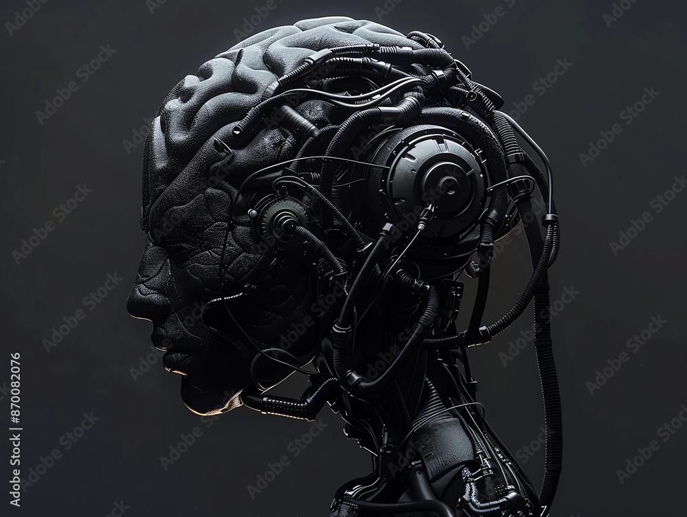 Futuristic black humanoid robot with exposed wiring and brain, showcasing advanced technology and artificial intelligence. Futuristic black humanoid robot with exposed wiring and brain, showcasing advanced technology and artificial intelligence.