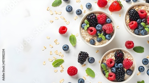 Bowls of oatmeal with berries and fruits on a white background, featuring a variety of colorful fruits and fresh berries, with ample space for text.