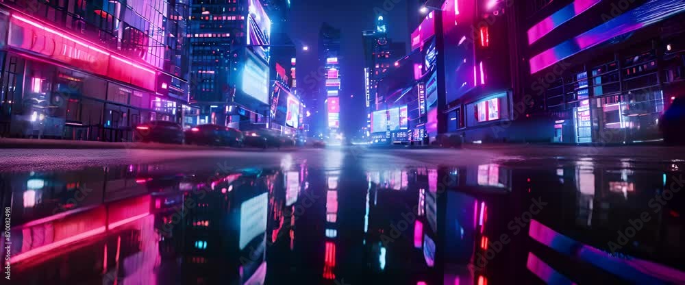 neon mega city with light reflection from puddles on street heading toward buildings. Concept for night life, business distric neon mega city with light reflection from puddles on street heading toward buildings. Concept for night life, business distric