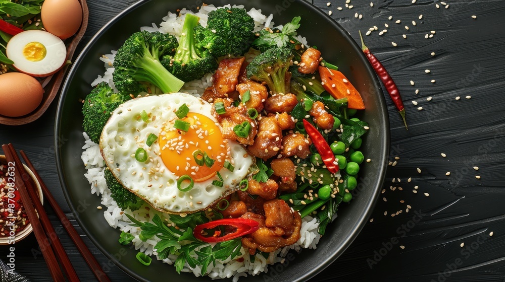 Healthy stir-fried broccoli, crispy pork, and vegetables with oyster sauce and bird's eye chilli, served over rice with a fried egg, illustration background Healthy stir-fried broccoli, crispy pork, and vegetables with oyster sauce and bird's eye chilli, served over rice with a fried egg, illustration background