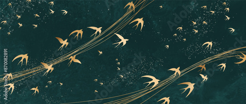 Luxury dark art background with golden birds on waves in line style. Vector elegant banner for decor, print, wallpaper, textile, poster, cover, invitations, interior design.