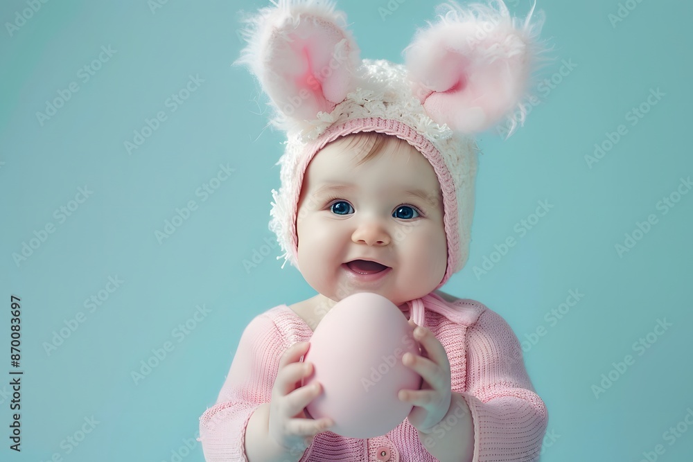 3D render of Cute baby wearing bunny ears and holding a pastel-colored egg, Photo stock style, clean background, no copyrighted logo, no letters 3D render of Cute baby wearing bunny ears and holding a pastel-colored egg, Photo stock style, clean background, no copyrighted logo, no letters