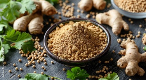Fresh Coriander, Ground Ginger, and Coriander Seeds on a Dark Wood Surface
