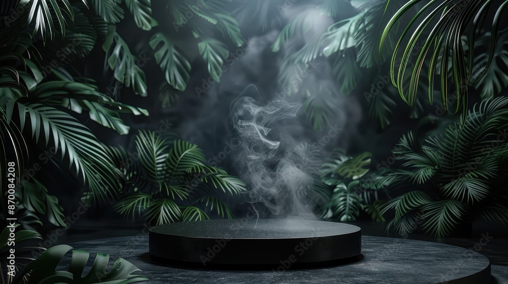 Premium black podium with diffused smoke and dark tropical leaves, vector art style, illustration background Premium black podium with diffused smoke and dark tropical leaves, vector art style, illustration background