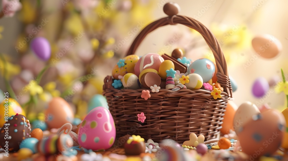 3D render of Easter basket overflowing with chocolate, candies, and small toys, Photo stock style, clean background, no copyrighted logo, no letters 3D render of Easter basket overflowing with chocolate, candies, and small toys, Photo stock style, clean background, no copyrighted logo, no letters