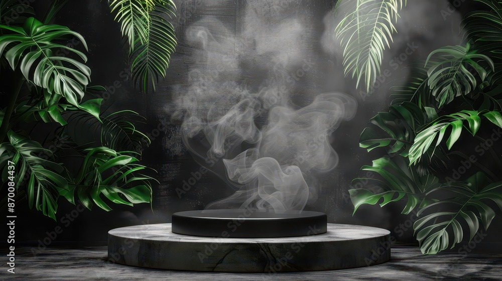 3D black ceramic round podium with smoke and palm leaves, high resolution photography, illustration background 3D black ceramic round podium with smoke and palm leaves, high resolution photography, illustration background